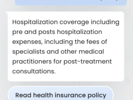 Leena AI chatbot explaining health insurance coverage with quick access to policy and insurance card.